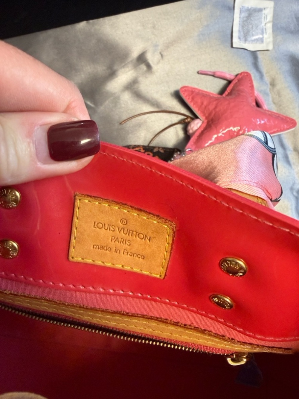 Louis Vuitton Pink Vernis Patent Tote with Tan Handles and unbranded charms. - Picture 3 of 16